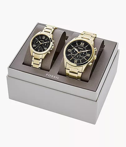 Fossil His And Her Chronograph Black Dial Gold-Tone Stainless Steel Watch Gift Set
