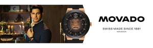 Man in a suit next to a Movado watch with the brand name displayed.