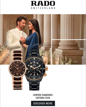 Rado watches displayed with a couple in formal attire against a classical architecture background.